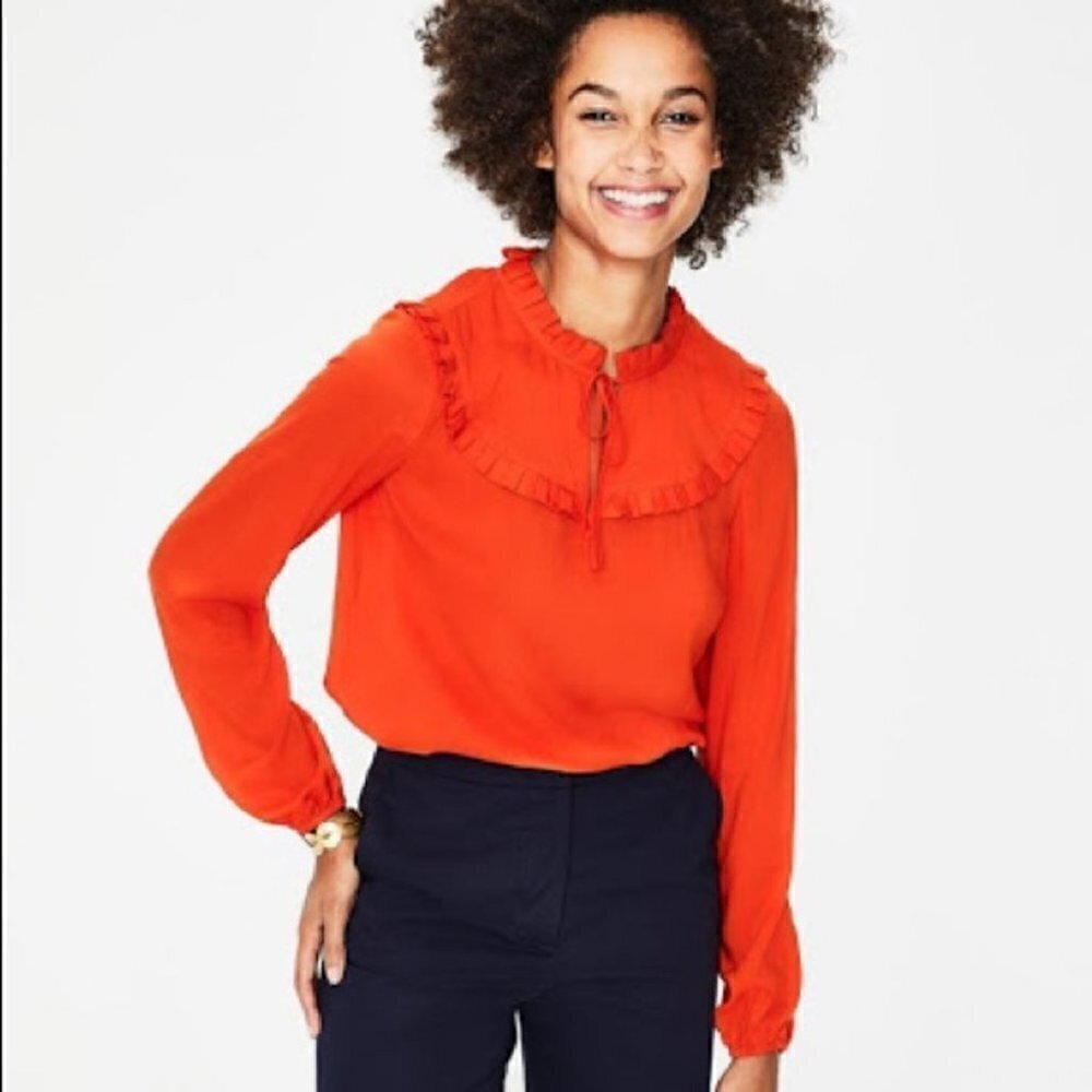 Boden Red Orange Long Sleeve Ruffle Blouse